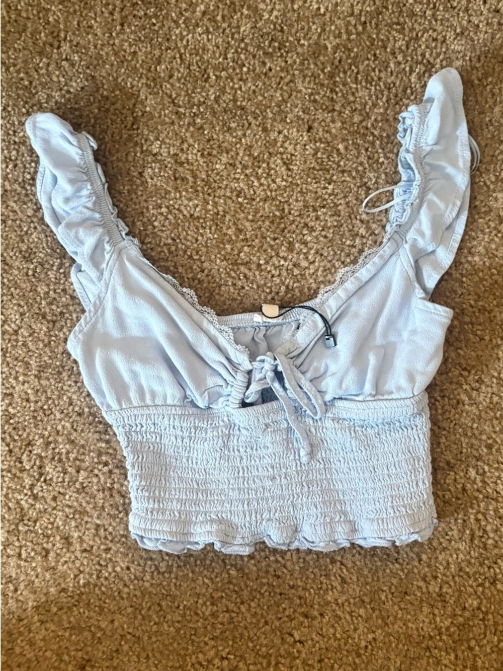 Garage Light Blue Ruffle Smocked Tie-Front Crop Top
